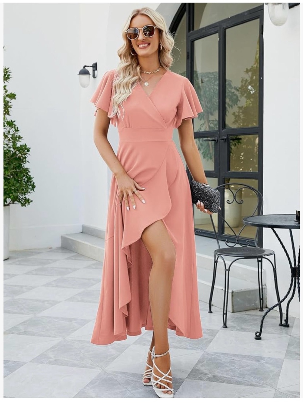 Blush Pink Wrap-Front High-Low Wedding Dress